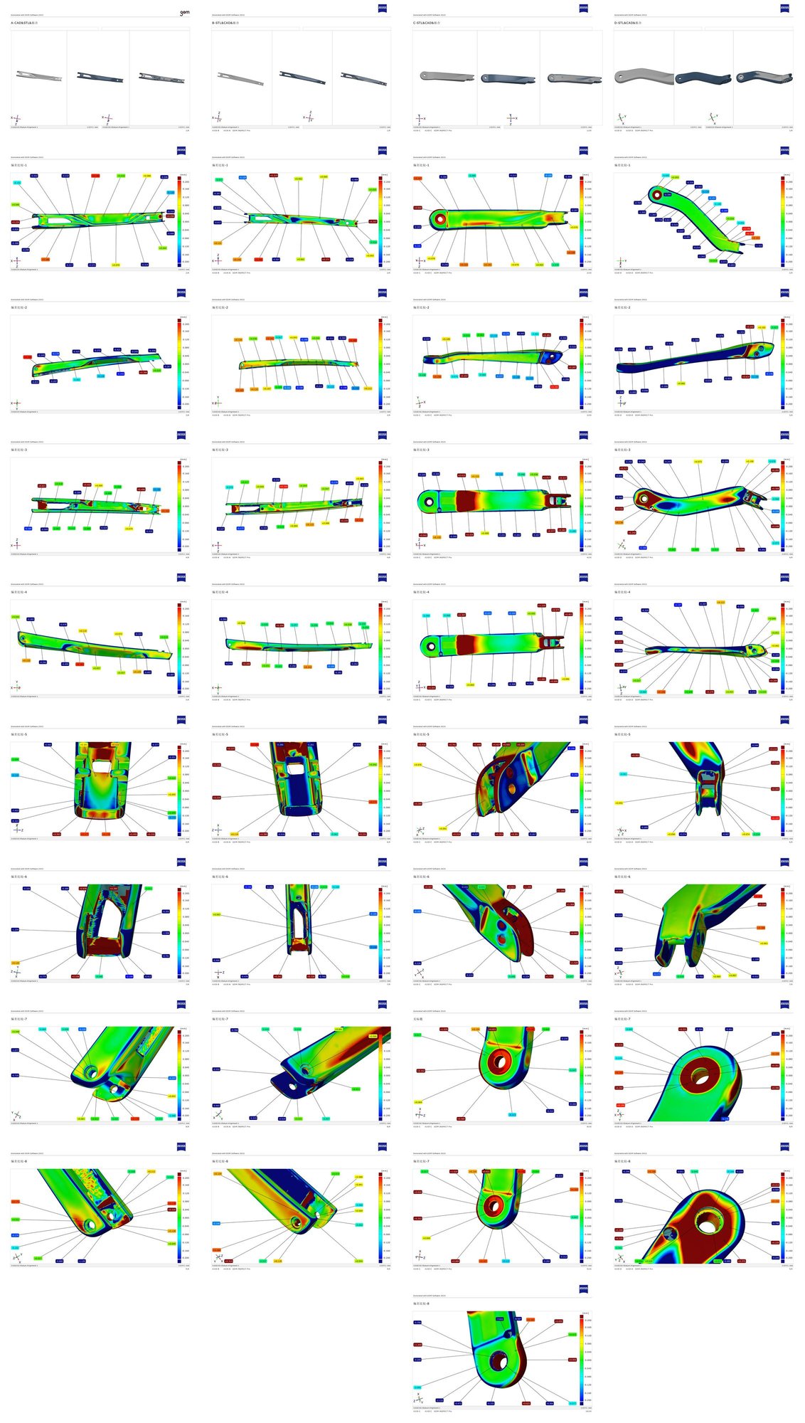 Zeiss CAV scan report showing dimensional deviation heat map across the carbon fiber wiper arm geometry
